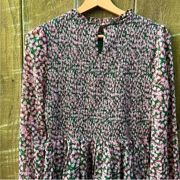 Green and Pink Floral Smocked Longsleeve Babydoll Dress 🌿 - Picture 6 of 12
